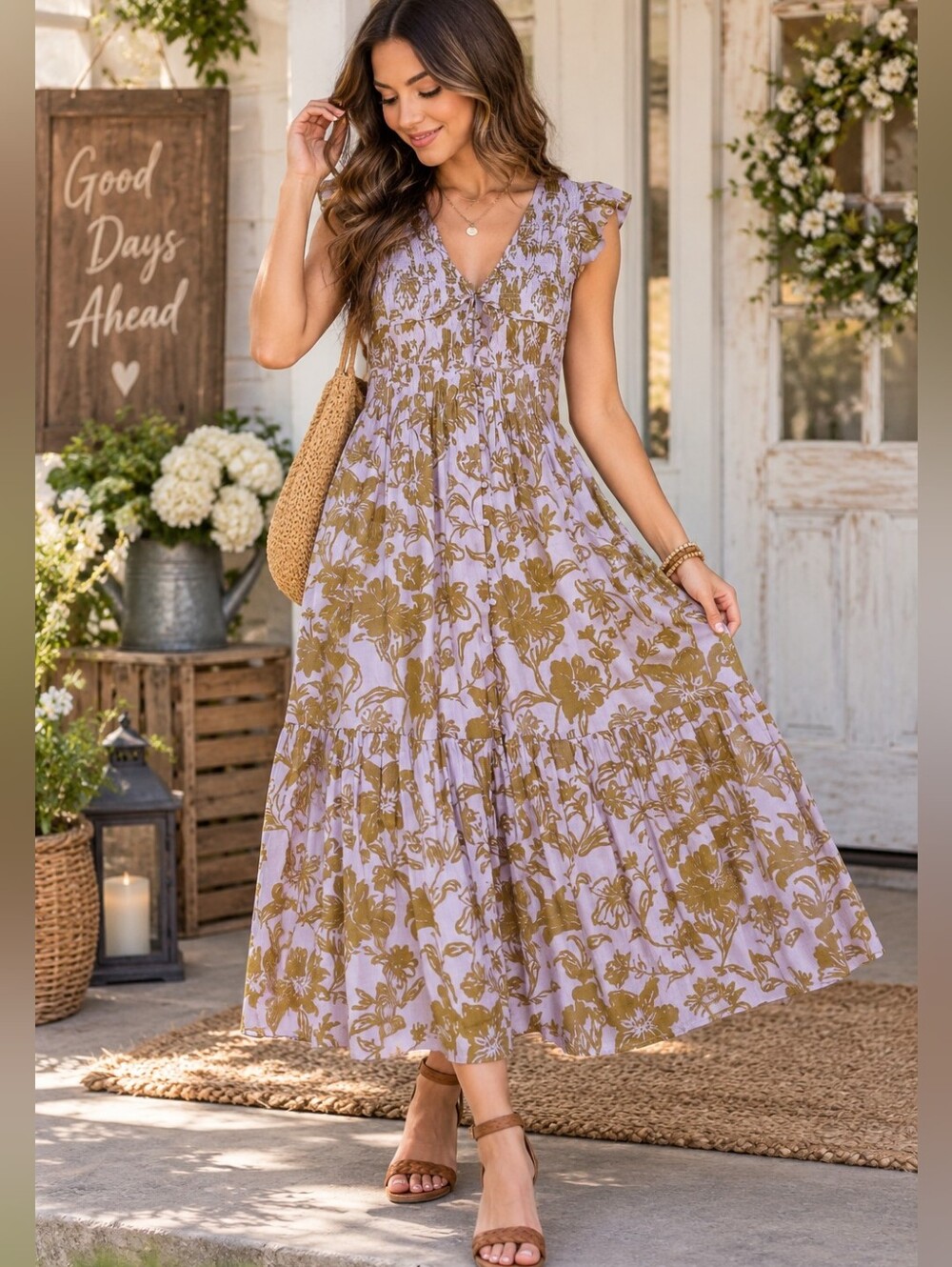 Anthropologie Peregrine Dress | V Neck Smocked Bodice Lavender Olive Print 🆕